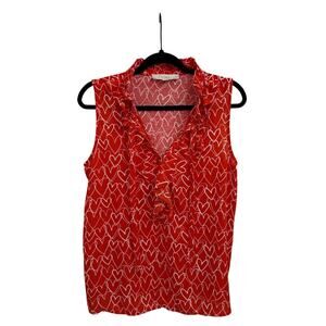 Ann Taylor Loft High Mock Neck Bow Ruffle Red Hearts Sleeveless Blouse Medium